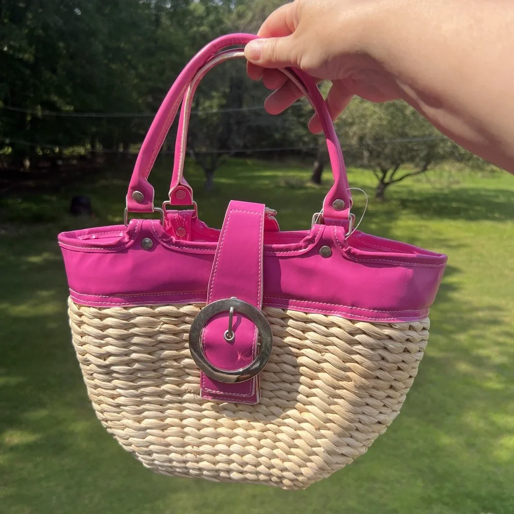 Pink Straw Satchel Bag Purse Tote Basket Bucket Retro Flower Lining Snap Flap